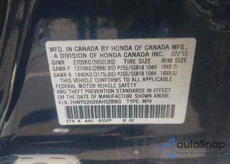 2010 Acura Mdx из США, поврежденный, VIN 2HNYD2H26AH528965